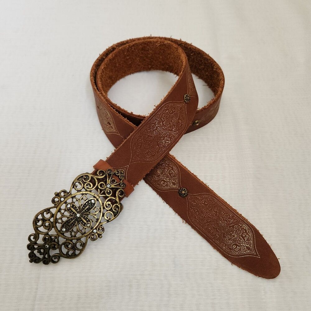 Womens Belt Brown w/Gold Design Leather Oblong Rhinestone Brass Buckle 43 1/2"